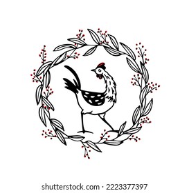 Vector card with hand drawn cute funny chicken in graceful floral wreath with red berries. Beautiful ink drawing, heavy contour, graphic style. Perfect elements for food or farming design.