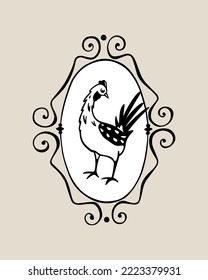 Vektorkarte mit handgezeichnet niedlichem Huhn in elegantem Vintage-Rahmen. Schöne Farbzeichnung, schwere Kontur, Grafikstil. Perfekte Elemente für das Design von Lebensmitteln oder Agrarlogo.