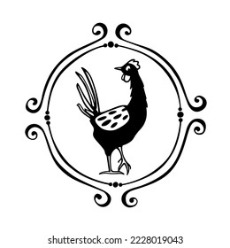 Vector card with hand drawn cute funny chicken in elegant vintage frame. Beautiful ink drawing, heavy contour, graphic style. Perfect elements for food or farming logo design.