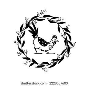 Vector card with hand drawn cute funny chicken in graceful floral wreath. Beautiful ink drawing, heavy contour, graphic style. Perfect elements for food or farming design.