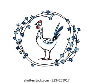 Vector card with hand drawn cute chicken with blue plumage in graceful floral wreath. Beautiful ink drawing, graphic style, blue pallet. Perfect elements for food or Easter celebration design.