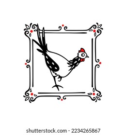 Vector card with hand drawn cute funny playful chicken in elegant vintage frame. Beautiful ink drawing, heavy contour, graphic style. Perfect elements for food or farming logo design.