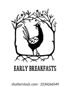 Vector card with hand drawn cute black chicken in graceful floral wreath. Beautiful ink drawing, heavy contour, graphic style. Perfect elements for food or farming design.