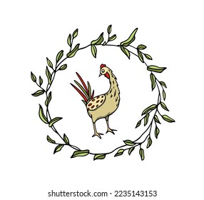 Vector card with hand drawn cute chicken in graceful green leafy wreath. Beautiful ink drawing, graphic style. Perfect elements for food or farming design.