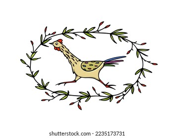 Vector card with hand drawn cute running chicken in graceful floral wreath. Beautiful ink drawing, graphic style. Perfect elements for food or farming design.