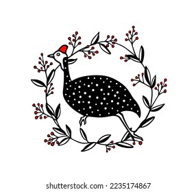 Vector card with hand drawn cute running guinea fowl in black floral wreath with red berries. Ink drawing, graphic illustration, heavy contour. Beautiful design elements