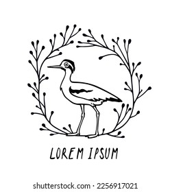Vector card with hand drawn cute Thick knee with a funny face in graceful floral wreath. Ink drawing, beautiful animal design elements.