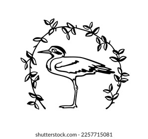 Vector card with hand drawn cute Thick knee with a funny face in graceful floral wreath. Ink drawing, beautiful animal design elements.