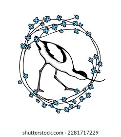 Vector card of hand drawn cute Pied Avocet in graceful floral wreath with blue flowers. Beautiful animal design elements, ink drawing, logo template