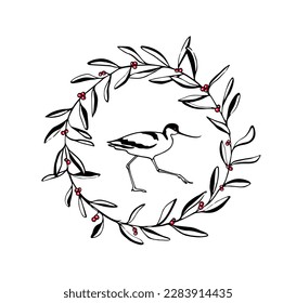 Vector card of hand drawn cute Pied Avocet in graceful floral wreath with red berries. Beautiful animal design elements, ink drawing, logo template