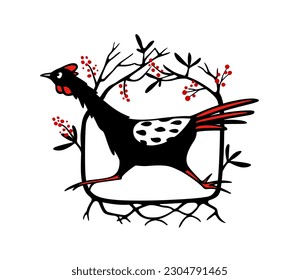 Vector card with hand drawn cute running chicken in graceful floral wreath with red berries and flowers. Beautiful ink drawing, heavy contour, graphic style. Nice  elements for food or farming design.