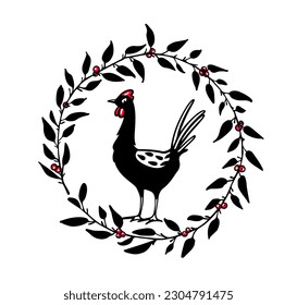 Vector card with hand drawn cute funny chicken in graceful floral wreath with red berries. Beautiful ink drawing, heavy contour, graphic style. Perfect elements for food or farming design.