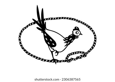 Vector card with hand drawn cute funny chicken in nautical rope frame. Beautiful ink drawing, heavy contour, graphic style. Perfect elements for food or farming logo design.
