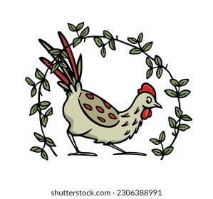 Vector card with hand drawn cute funny chicken in graceful floral wreath. Beautiful ink drawing, heavy contour, graphic style. Perfect elements for food or farming design.