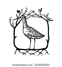 Vector card with hand drawn cute Spotted redshank in graceful floral wreath. Ink drawing, decorative graphic style. Beautiful animal design elements, perfect for logo design