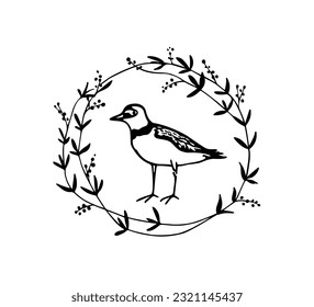 Tarjeta vectorial con mano dibujada adorable en elegante corona floral. Dibujo de tinta, estilo gráfico decorativo. Hermosos elementos de diseño animal, perfectos para el diseño del logo