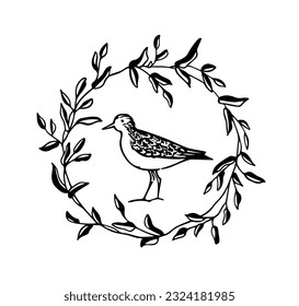 Vektorkarte mit handgezeichnet süßem Plover in anmutigem Blumenreath. Tintenzeichnung, dekorativer Grafikstil. Schöne Design-Elemente für Tiere, perfekt für Logo-Design