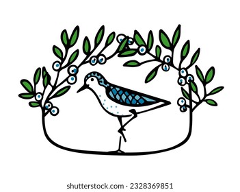Vector card with hand drawn cute wader in floral wreath with blue berries. Ink drawing, decorative graphic style. Beautiful animal design elements, perfect for logo design