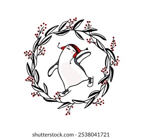 Tarjeta de Vector con el patinaje lindo dibujado a mano del pingüino en el hielo que lleva el sombrero rojo, en la corona roja de la baya. Dibujo de tinta, ilustración divertida, hermosos Elementos de diseño de deportes de invierno.