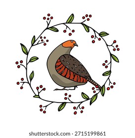 Vektorkarte mit handgezeichnetem niedlichen Grey Rebhuhn in anmutigem Blumenkranz. Schöne tierische Gestaltungselemente, Tintenzeichnung