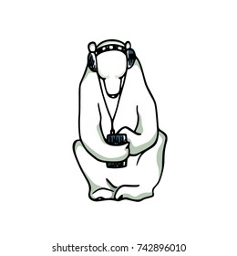 Vector card with hand drawn cute polar bear sitting alone with its smartphone and headphones on. Beautiful ink drawing, funny illustration of modern communication pattern