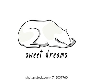 Vector card with hand drawn cute sleeping polar bear. Beautiful ink drawing, animal illustration