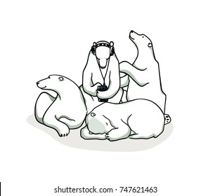 Vector card with hand drawn cute polar bears sitting on the ground, one of them is with its smartphone. Beautiful ink drawing, funny illustration