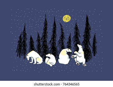 Vector card with hand drawn cute polar bears chilling out in the night snowy forest. Beautiful ink drawing, animal illustration