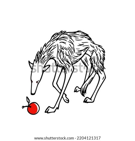 Vector card with hand drawn cute skinny wolf yearning for a ripe red apple. Ink drawing, graphic style, funny illustration. Beautiful design elements. 