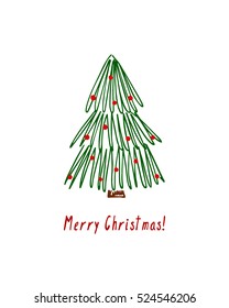 Vector card with hand drawn decorated Christmas tree. Beautiful Christmas design elements, doodle style,  minimalistic design