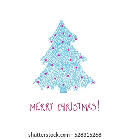 Vector card with hand drawn decorated Christmas tree. Beautiful Christmas design elements, doodle style,  minimalistic design
