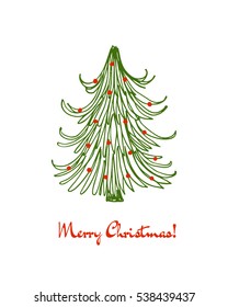 Vector card and hand drawn decorated Christmas tree  Beautiful Christmas design elements  doodle style  minimalistic design