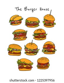 Vector card with hand drawn delicious burgers. Ink drawing, beautiful food design elements.