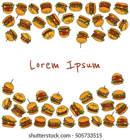Vector card with hand drawn delicious burgers.  Beautiful design elements, perfect for any business related to the food industry.