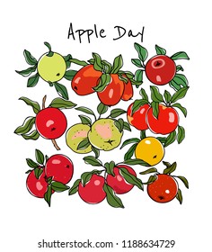 Vector card with hand drawn different apple twigs. Beautiful food design elements. Ink drawing