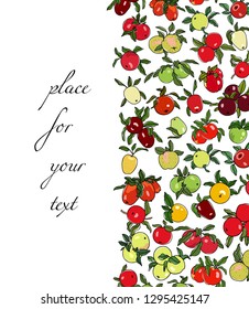 Vector card with hand drawn different types of apples. Beautiful food design elements. Ink drawing