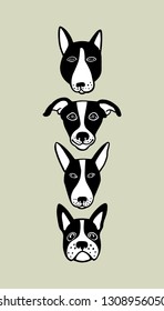 Vector card with hand drawn dog heads. Beautiful animal design elements, ink drawing, heavy contours, logo templates