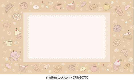 Vector card with hand drawn doodle bakery products and lace. Vector set of elements for menu design: cake, teapot, croissant, pancake, donut, coffee, cookie, bagel. Pastry&beverage for menu design.