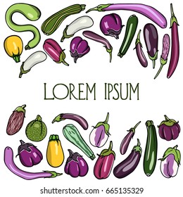 Vector card with hand drawn eggplant and zucchini varieties. Beautiful food design elements, vegetarian illustration, perfect for any business related to the food industry.