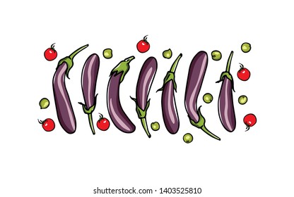 Vector card with hand drawn eggplants, cherry tomatoes and green peas. Ink drawing, beautiful vegetarian design elements.