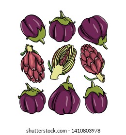 Vector card with hand drawn eggplants and fiesole artichokes. Ink drawing, beautiful vegetarian design elements.