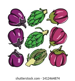 Vector card with hand drawn eggplants and artichokes. Ink drawing, beautiful vegetarian design elements.