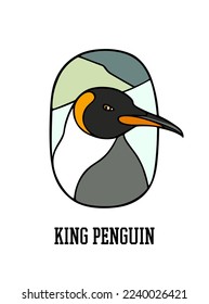 Vector card with hand drawn elegant King Penguin in austere ellipse frame. Beautiful wild animal illustration, ink drawing, graphic style. Logo template