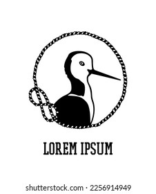 Vector card with hand drawn elegant Pied stilt in nautical rope frame. Ink drawing, decorative graphic style. Beautiful wildlife design elements.