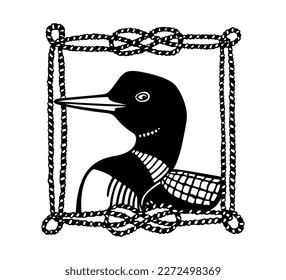 Vector card with hand drawn elegant Common Loon in nautical rope frame. Ink drawing, decorative graphic style. Beautiful wildlife or fishing tackle retailing business design elements.