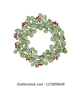 Vector card with hand drawn eucalyptus wreath with barberry. Ink drawing, graphic style, beautiful design elements