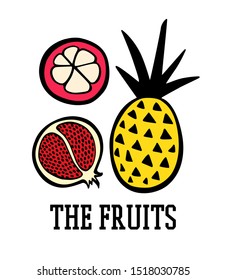 Vector card with hand drawn exotic fruits. Beautiful ink drawing, heavy contour, graphic style. Food design elements.