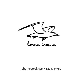 Vector card with  hand drawn flying seagull. Ink drawing, beautiful animal design elements.