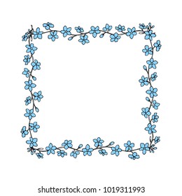 Vector card with hand drawn frame made of forget-me-not flowers. Beautiful design elements, ink drawing, perfect for Valentine's day celebration