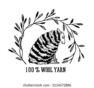 Vector card with hand drawn funny sitting sheep with striped black-and-white wool in black floral wreath. Beautiful wool products design elements, ink drawing, logo template